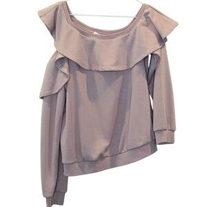 LUSH Long Sleeve Ribbed Cotton Blend One Shoulder Ruffle Sweatshirt Beige XS